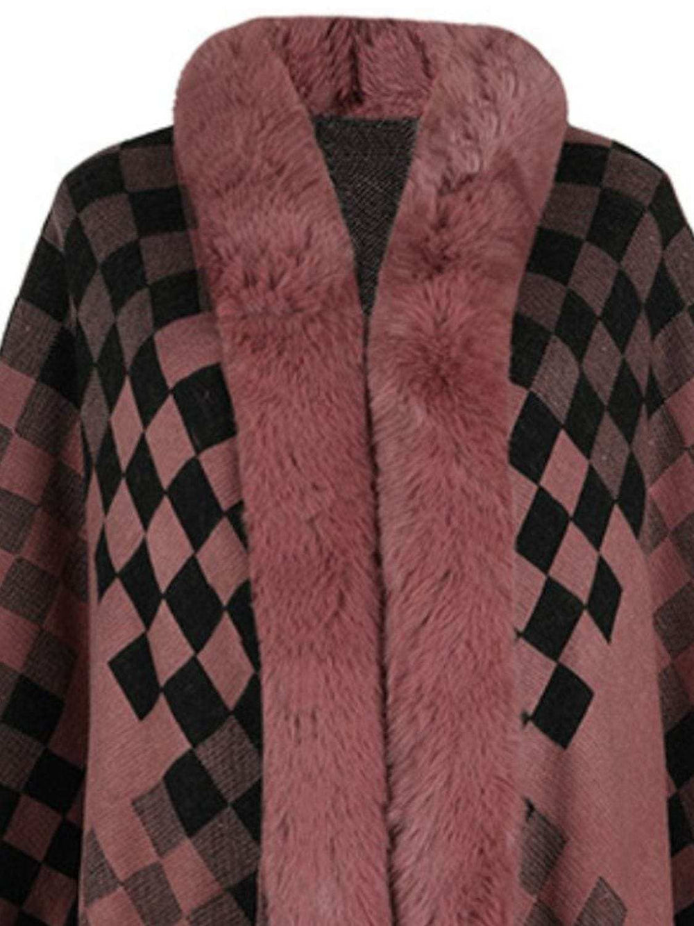 Fuzzy Checkered Long Sleeve Poncho - Trendsi - Flyclothing LLC