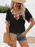 Eyelet Embroidered V-Neck Short Sleeve Blouse - Trendsi - Flyclothing LLC
