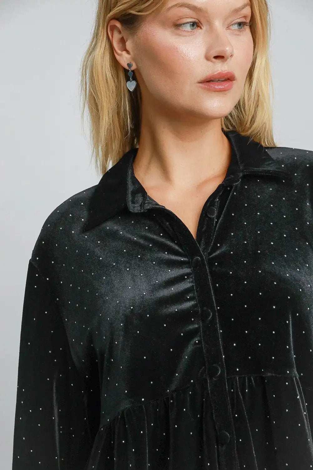 Umgee Full Size Polka Dot Button Up Half Sleeve Shirt - Trendsi - Flyclothing LLC