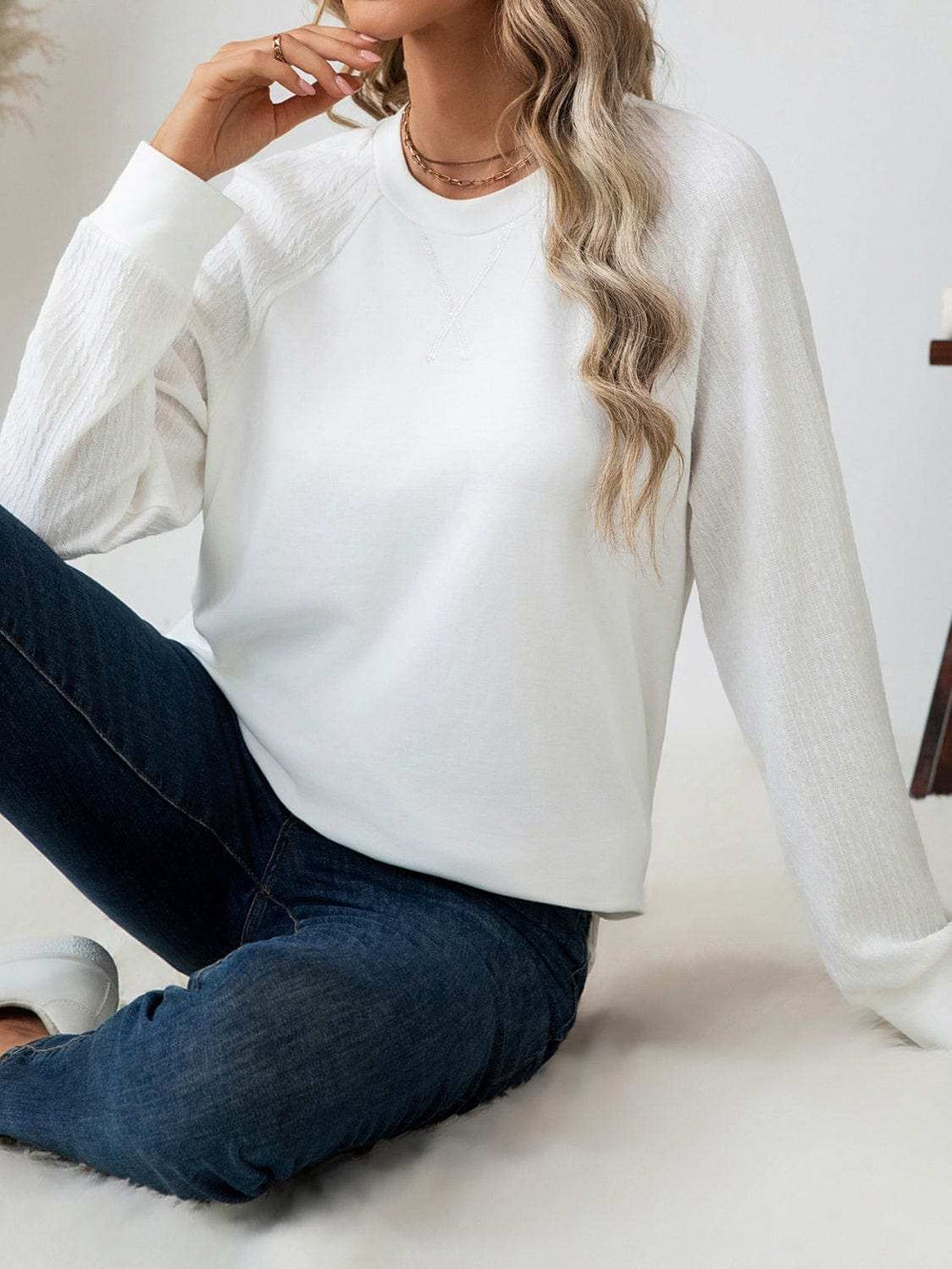 Round Neck Raglan Sleeve Top - Trendsi - Flyclothing LLC