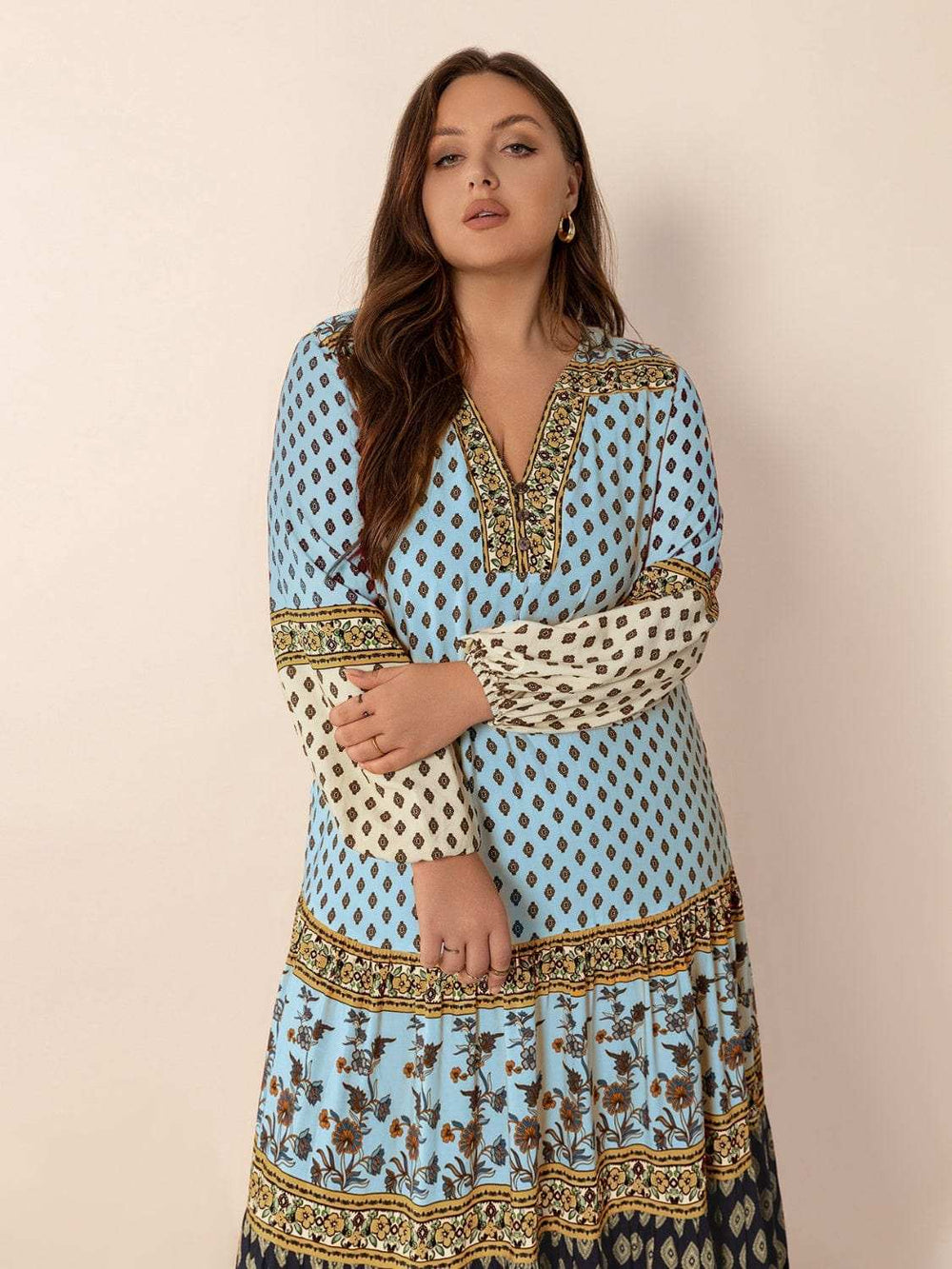 Plus Size Printed V-Neck Balloon Sleeve Maxi Dress - Trendsi - Flyclothing LLC