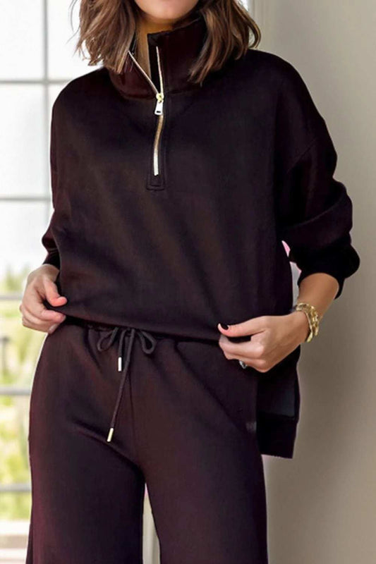 Half Zip Turtleneck Long Sleeve Top and Pants Set - Trendsi - Flyclothing LLC