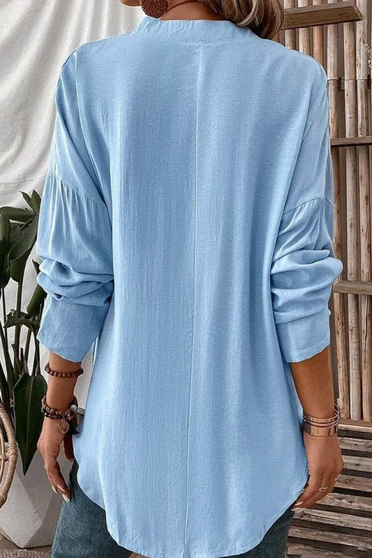 Solid Color Notched Long Sleeve Blouse - Trendsi - Flyclothing LLC