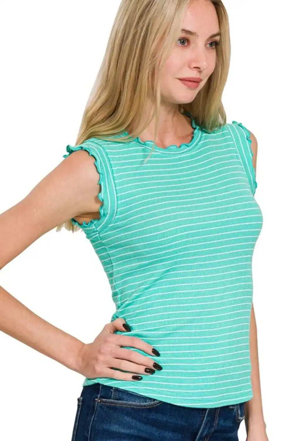 Zenana Ribbed Ruffle Trim Sleeveless Stripe Top - Trendsi - Flyclothing LLC