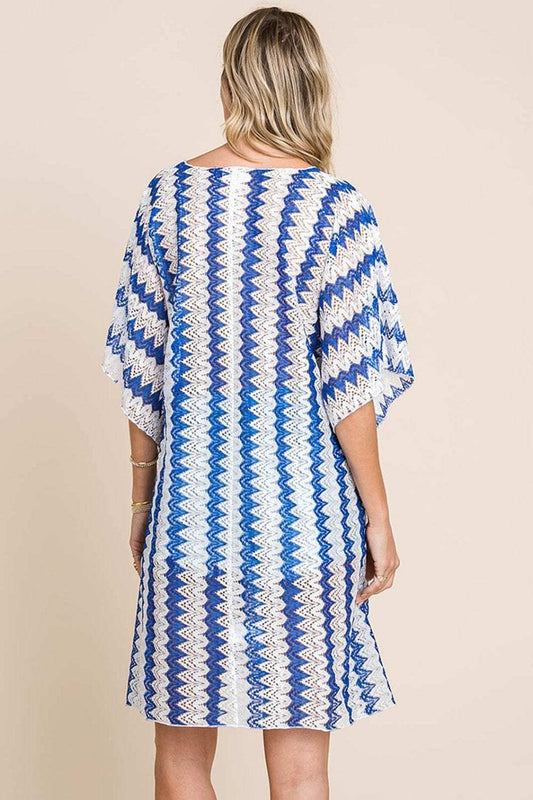 Cotton Bleu by Nu Lab Tied Striped Plunge Half Sleeve Cover-Up - Trendsi - Flyclothing LLC