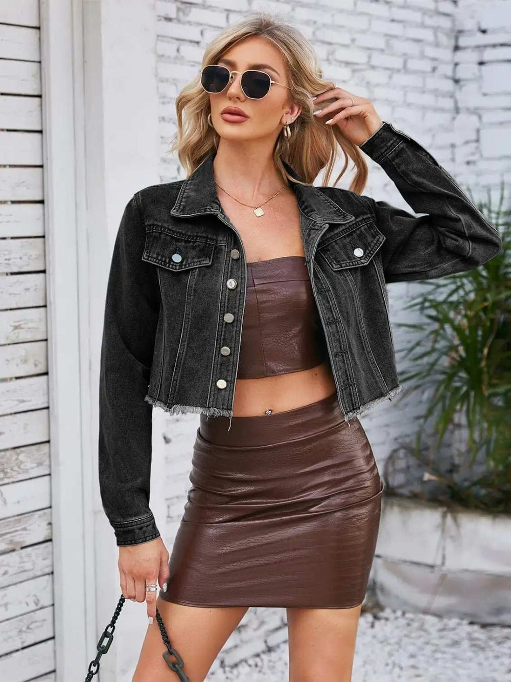 Raw Hem Denim Jacket with Pockets - Trendsi - Flyclothing LLC