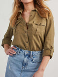 Collared Neck Roll-Tab Sleeve Denim Top - Trendsi - Flyclothing LLC