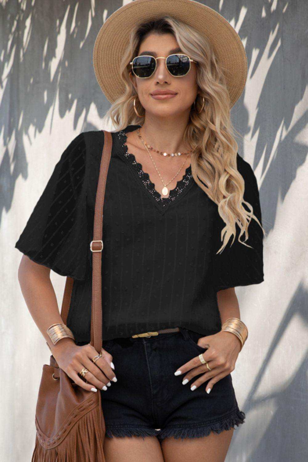 Swiss Dot Lace Trim Flutter Sleeve V-Neck Blouse - Trendsi - Flyclothing LLC