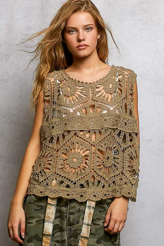POL Openwork Round Neck Floral Crochet Tank - Trendsi - Flyclothing LLC