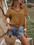 Drawstring Button Up Short Sleeve Blouse - Trendsi - Flyclothing LLC