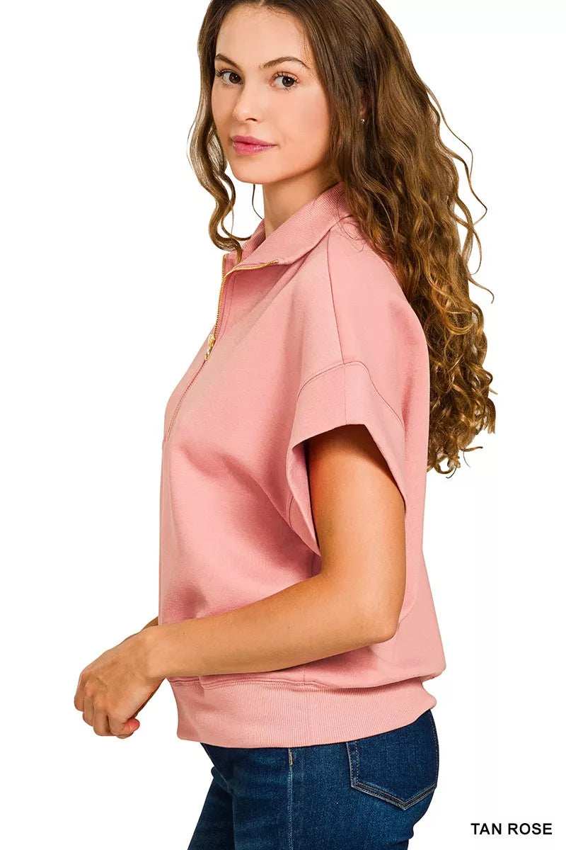 Zenana Full Size Scuba High Neck Half Zip Short Sleeve Top Plus Size - Trendsi - Flyclothing LLC