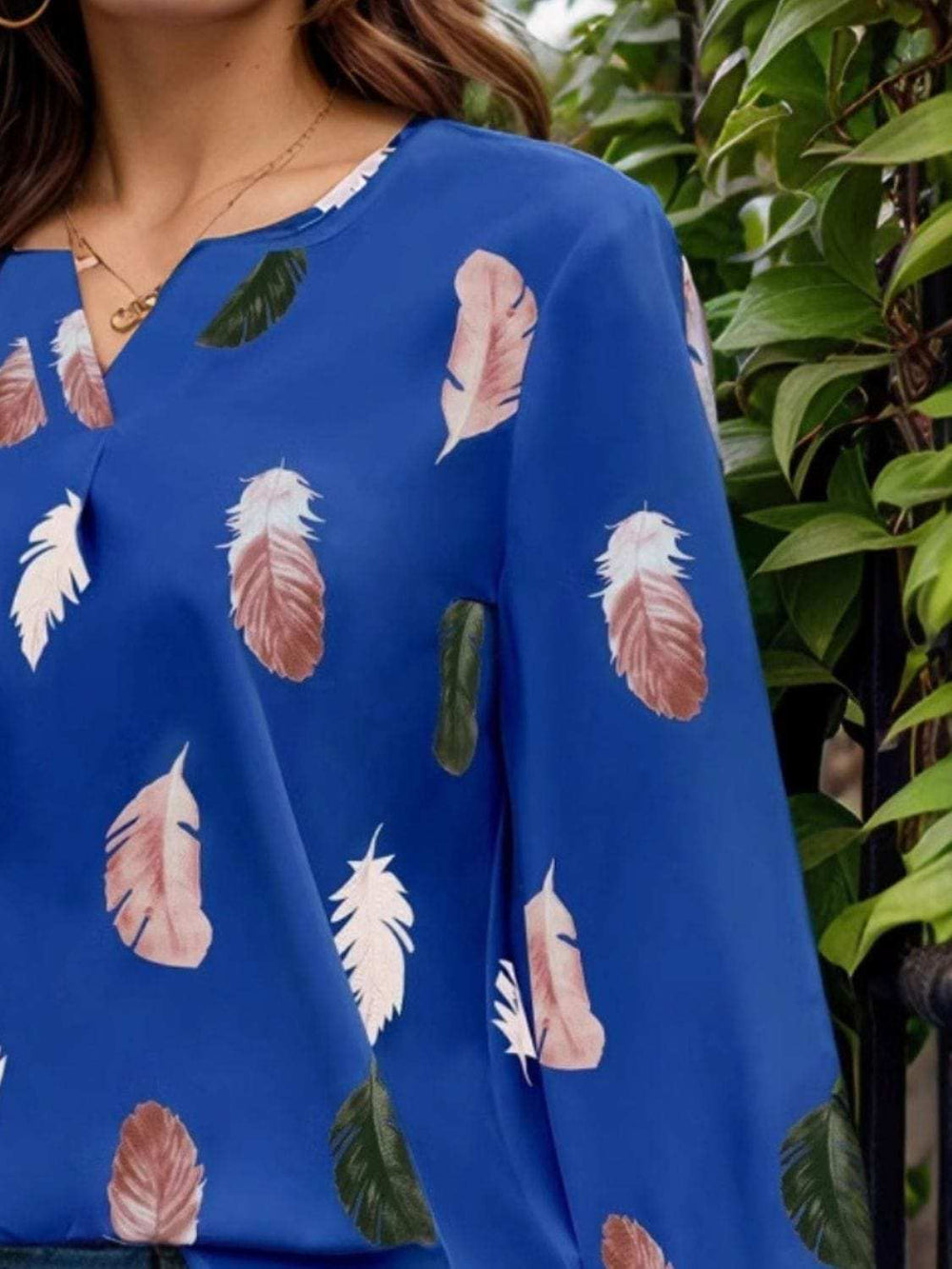 Feather Print Notched Balloon Sleeve Top - Trendsi - Flyclothing LLC