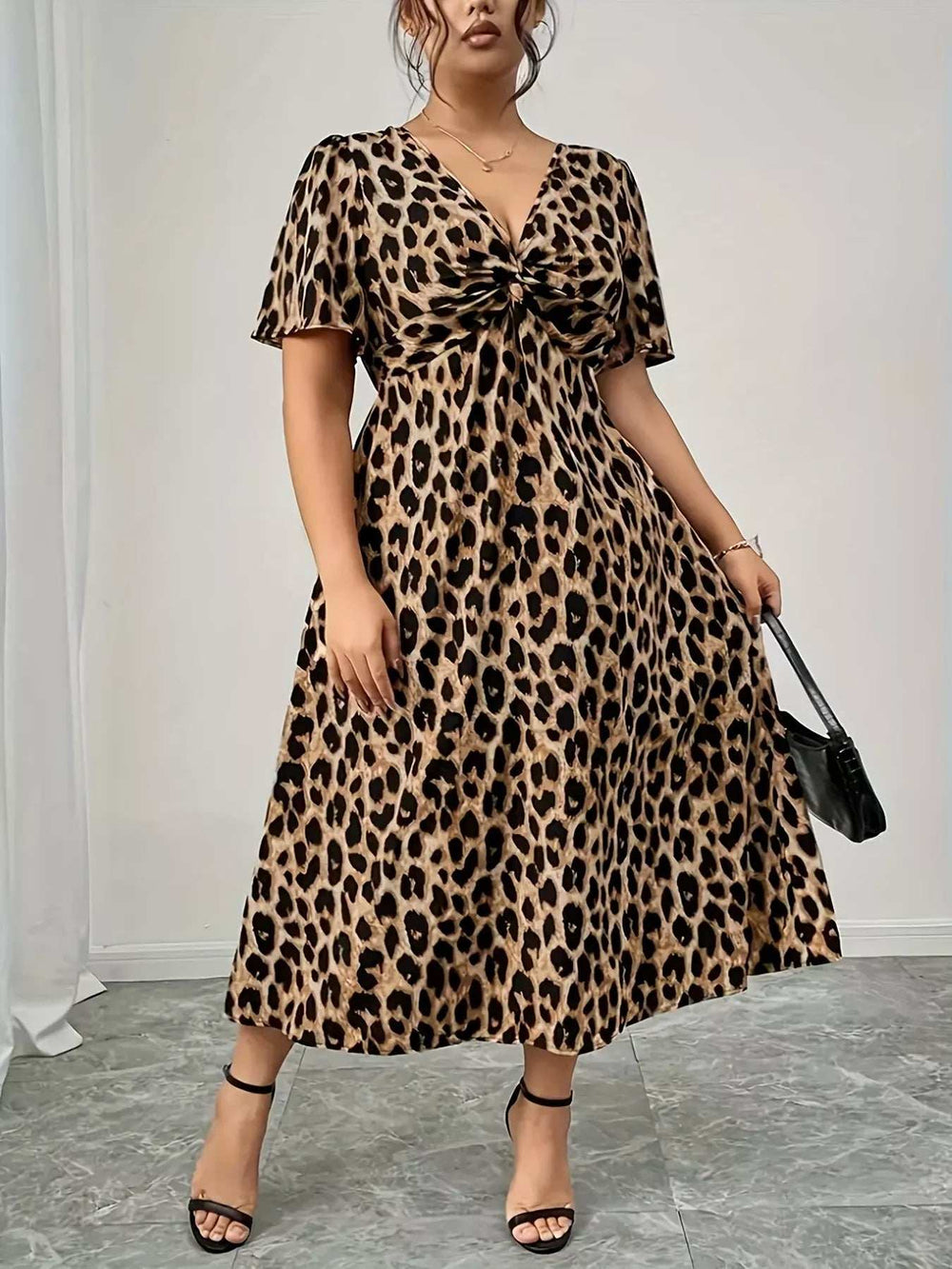 Plus Size Twisted Front Leopard Short Sleeve Dress - Trendsi - Flyclothing LLC