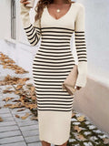 Striped V-Neck Long Sleeve Sweater Dress - Trendsi - Flyclothing LLC