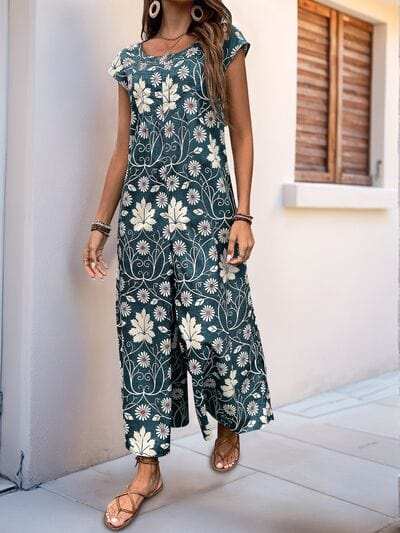 Perfee Printed Round Neck Cap Sleeve Wide Leg Jumpsuit - Trendsi - Flyclothing LLC