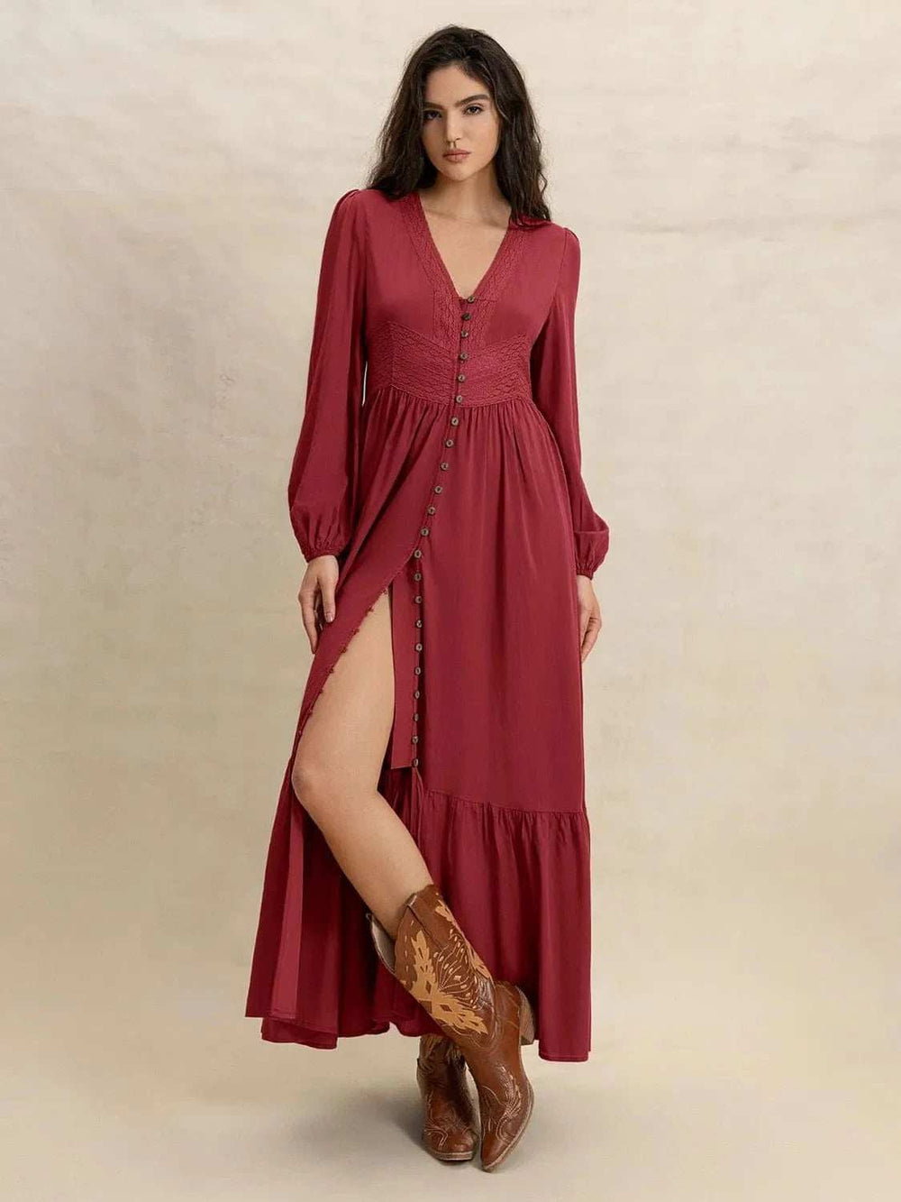 V-Neck Balloon Sleeve Ruffled Hem Maxi Dress - Trendsi - Flyclothing LLC