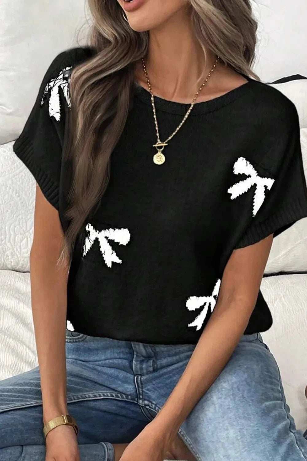 Bow Pattern Knit Short Sleeve Sweater - Trendsi - Flyclothing LLC