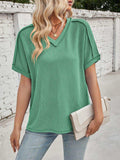 Cord Ribbed V-Neck Short Sleeve T-Shirt - Trendsi - Flyclothing LLC