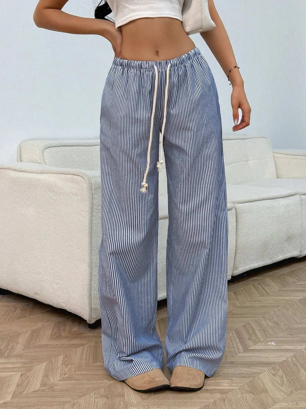 Drawstring Striped Wide Leg Pants - Trendsi - Flyclothing LLC