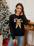 Sequin Candy Cane Round Neck Long Sleeve Sweater - Trendsi - Flyclothing LLC