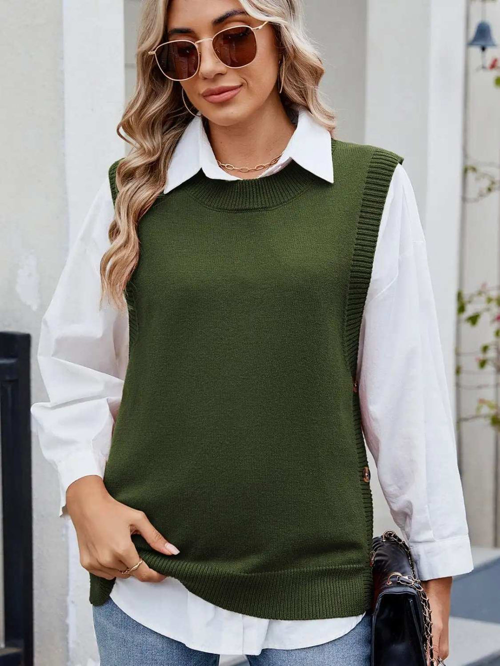 Buttoned Round Neck Sweater Vest - Trendsi - Flyclothing LLC