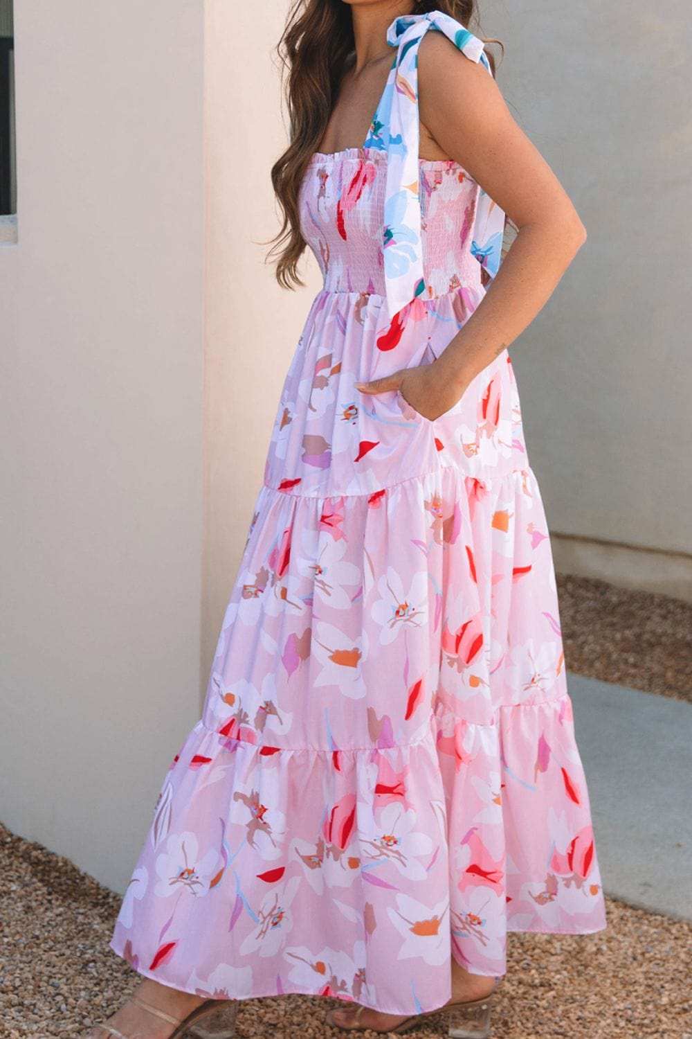 Floral Print Knotted Shoulder Smocked Maxi Dress - Trendsi - Flyclothing LLC