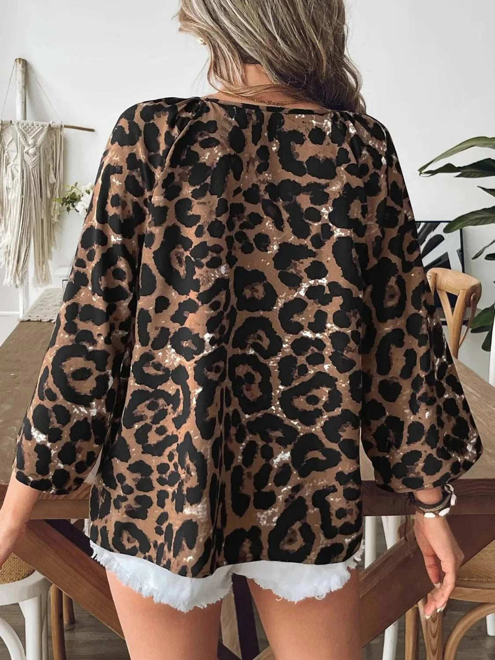 Oversized Leopard V-Neck Three-Quarter Sleeve Blouse - Trendsi - Flyclothing LLC