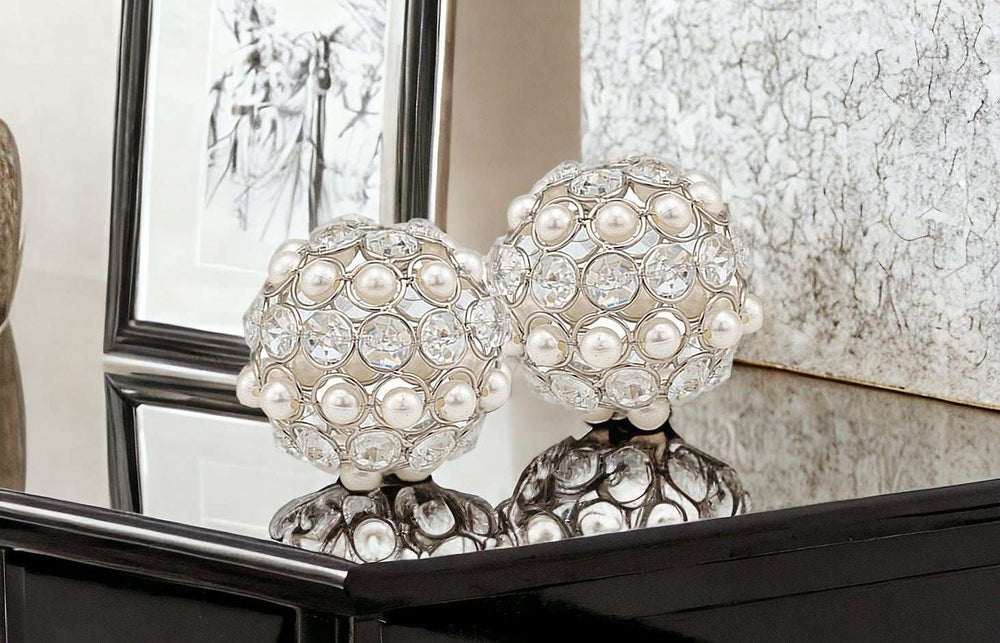 Set of Two Silver and Clear Faux Crystal and Pearl Decorative Orbs - Homeroots - Flyclothing LLC
