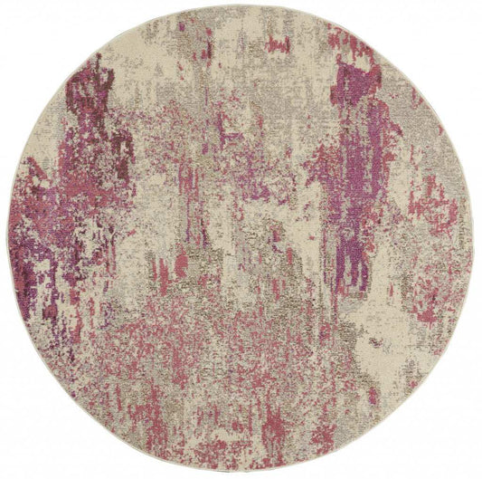 8' X 8' Ivory And Pink Round Abstract Power Loom Non Skid Area Rug - Homeroots - Flyclothing LLC