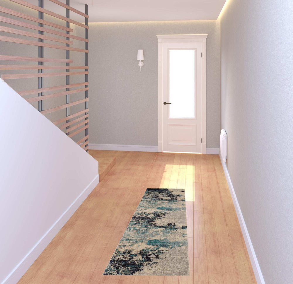 2' X 6' Ivory And Teal Blue Abstract Power Loom Non Skid Runner Rug - Homeroots - Flyclothing LLC