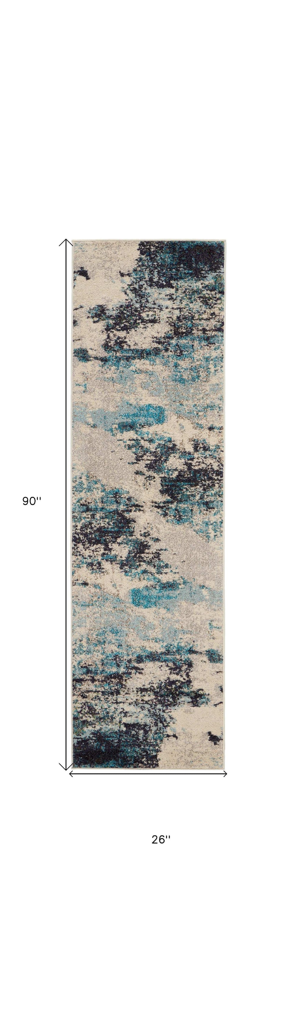 2' X 8' Ivory And Teal Blue Abstract Power Loom Non Skid Runner Rug - Homeroots - Flyclothing LLC