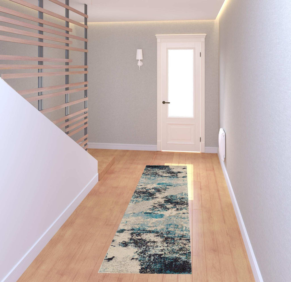 2' X 8' Ivory And Teal Blue Abstract Power Loom Non Skid Runner Rug - Homeroots - Flyclothing LLC