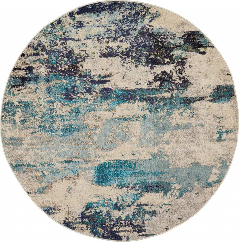 5' X 5' Ivory And Teal Blue Round Abstract Power Loom Non Skid Area Rug - Homeroots - Flyclothing LLC
