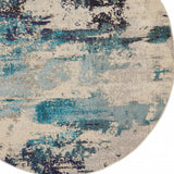 5' X 5' Ivory And Teal Blue Round Abstract Power Loom Non Skid Area Rug - Homeroots - Flyclothing LLC