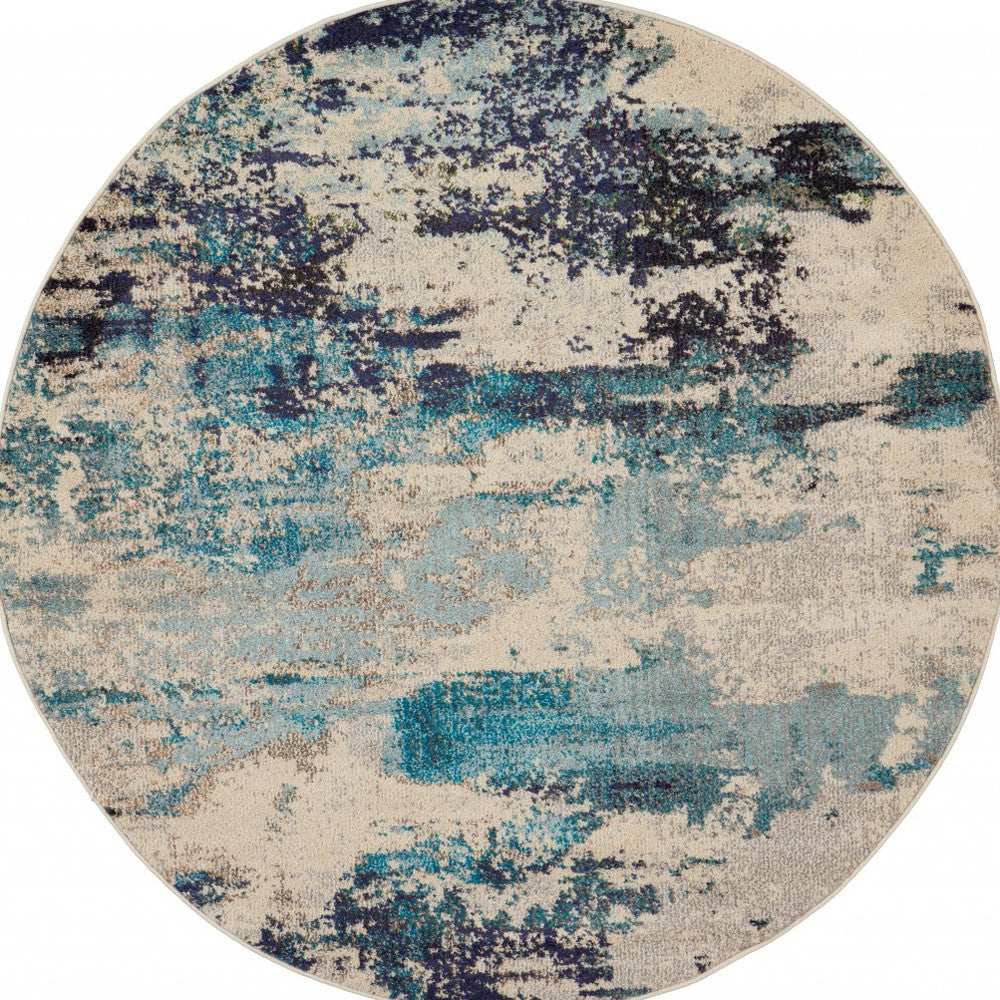 5' X 5' Ivory And Teal Blue Round Abstract Power Loom Non Skid Area Rug - Homeroots - Flyclothing LLC