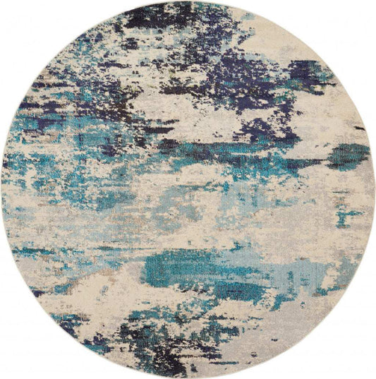 8' X 8' Ivory And Teal Blue Round Abstract Power Loom Non Skid Area Rug - Homeroots - Flyclothing LLC