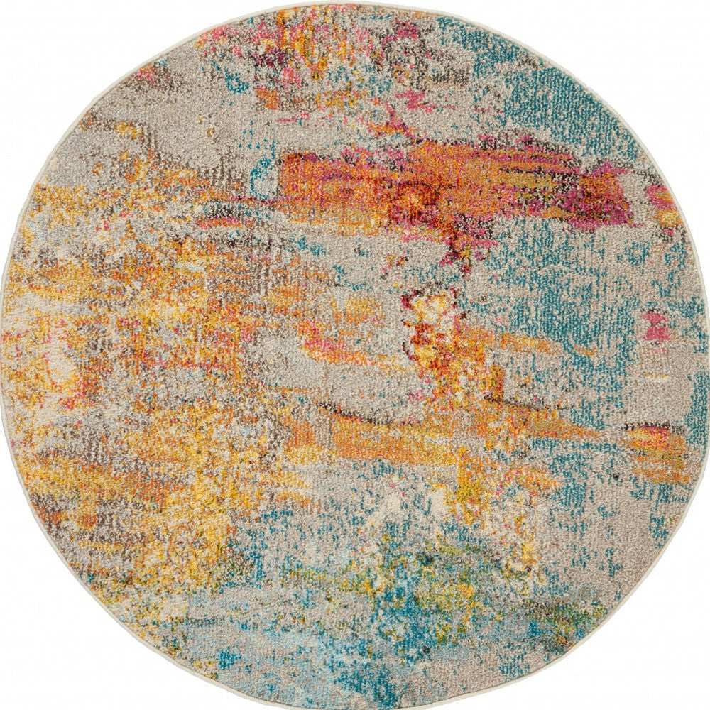 4' X 4' Ivory and Aqua Round Abstract Power Loom Non Skid Area Rug - Homeroots - Flyclothing LLC