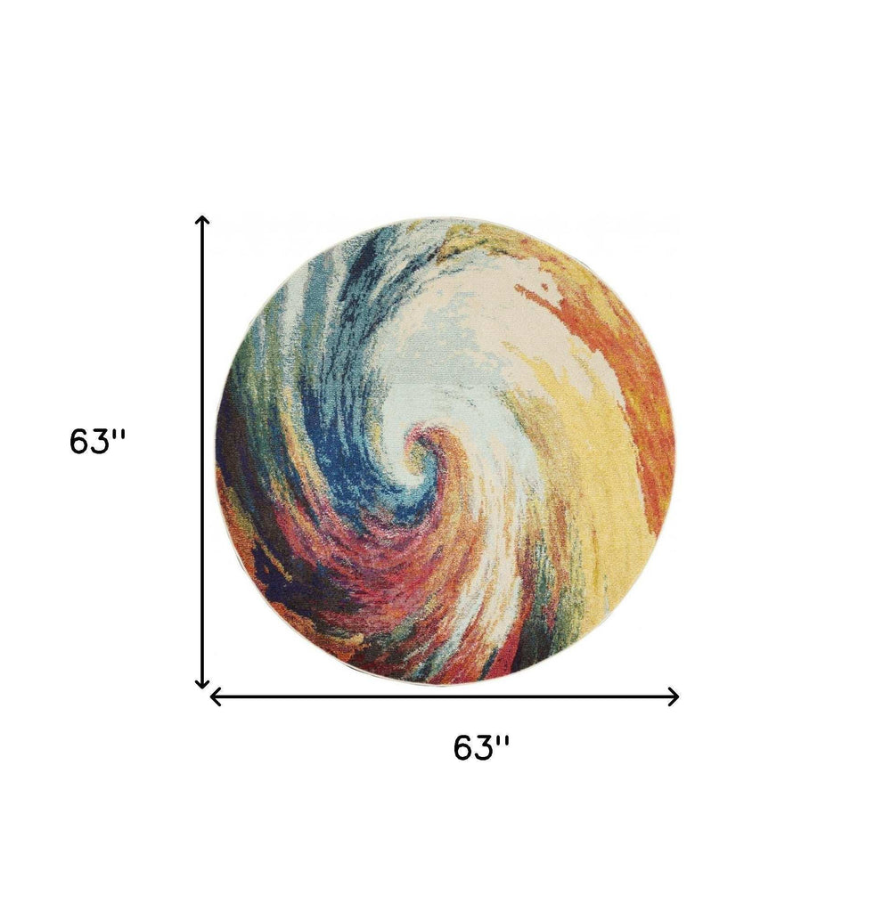 5' X 5' Wave Round Abstract Power Loom Non Skid Area Rug - Homeroots - Flyclothing LLC