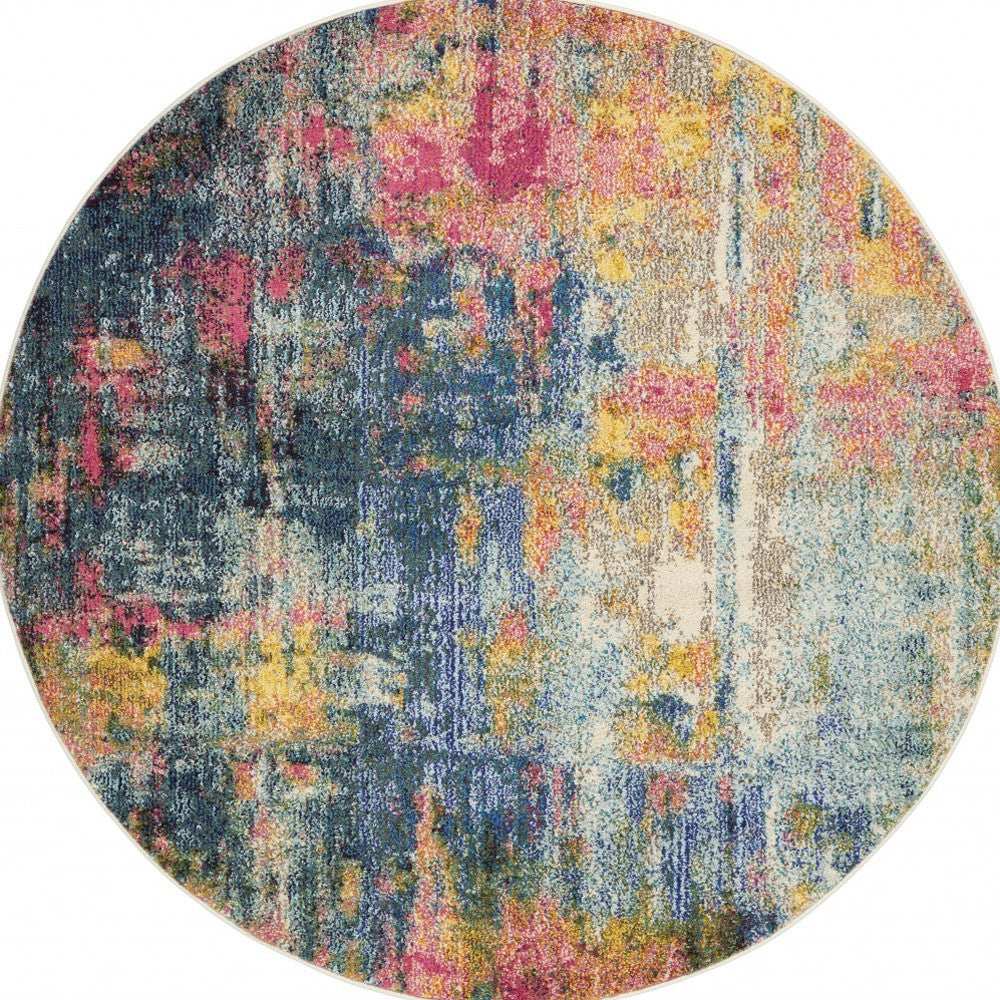 5' X 5' Blue And Yellow Round Abstract Power Loom Non Skid Area Rug - Homeroots - Flyclothing LLC