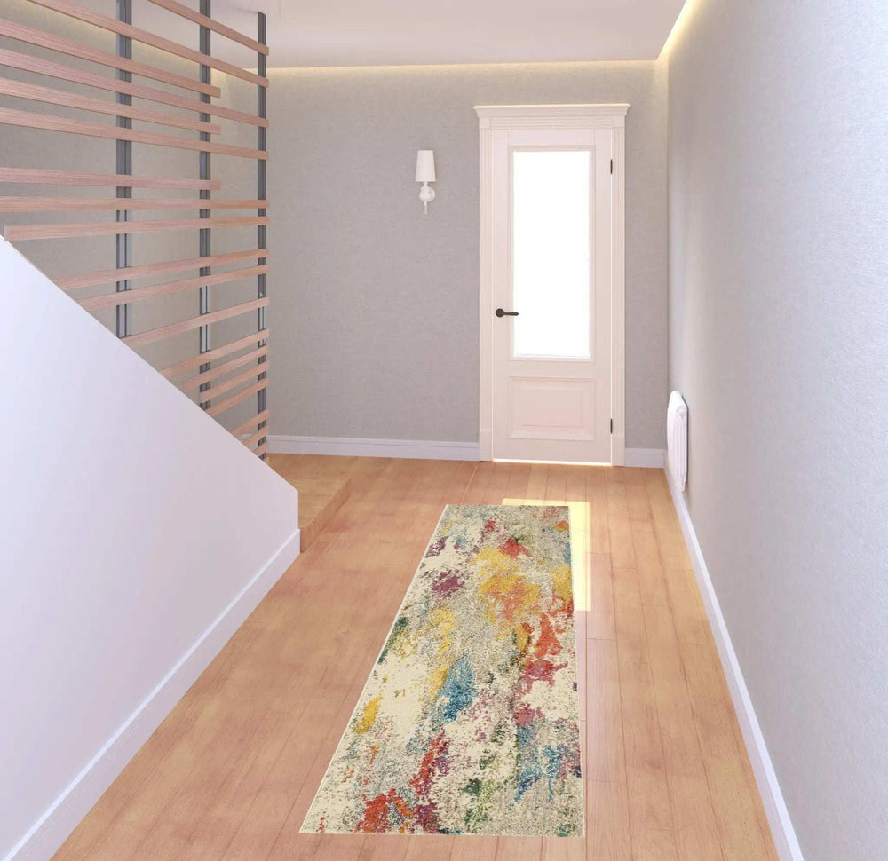 2' X 8' Ivory Abstract Power Loom Non Skid Runner Rug - Homeroots - Flyclothing LLC