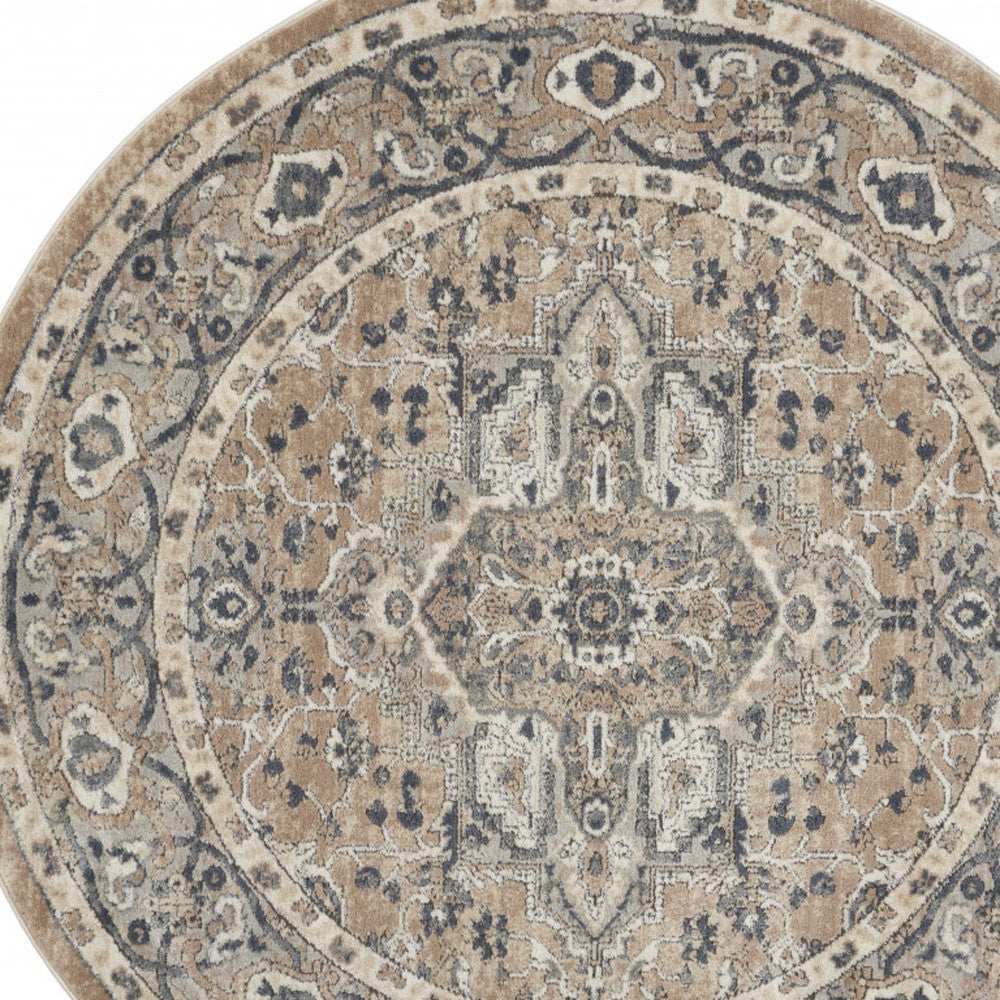 5' X 5' Beige And Grey Round Oriental Power Loom Non Skid Area Rug - Homeroots - Flyclothing LLC