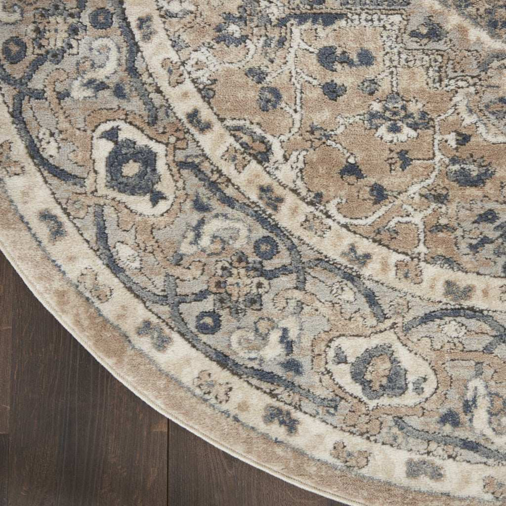 5' X 5' Beige And Grey Round Oriental Power Loom Non Skid Area Rug - Homeroots - Flyclothing LLC