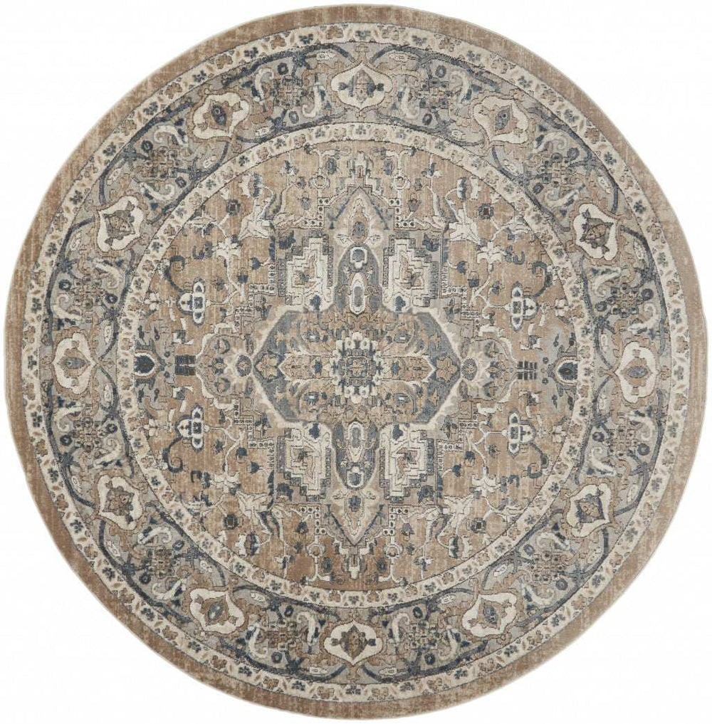 8' X 8' Beige And Grey Round Oriental Power Loom Non Skid Area Rug - Homeroots - Flyclothing LLC