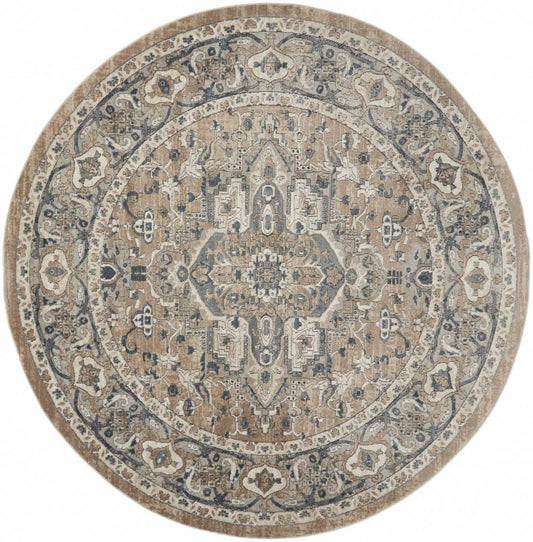 8' X 8' Beige And Grey Round Oriental Power Loom Non Skid Area Rug - Homeroots - Flyclothing LLC