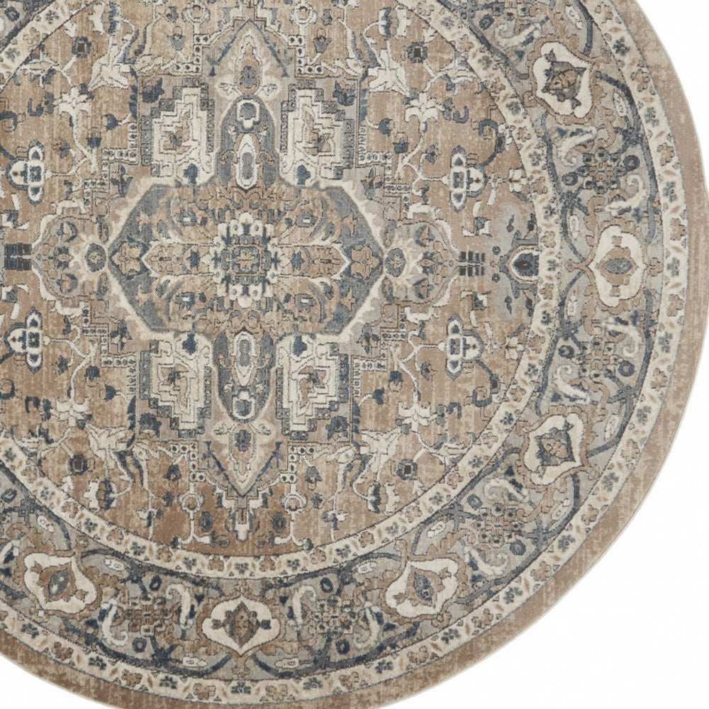 8' X 8' Beige And Grey Round Oriental Power Loom Non Skid Area Rug - Homeroots - Flyclothing LLC