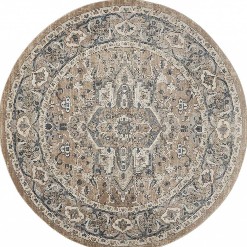 8' X 8' Beige And Grey Round Oriental Power Loom Non Skid Area Rug - Homeroots - Flyclothing LLC