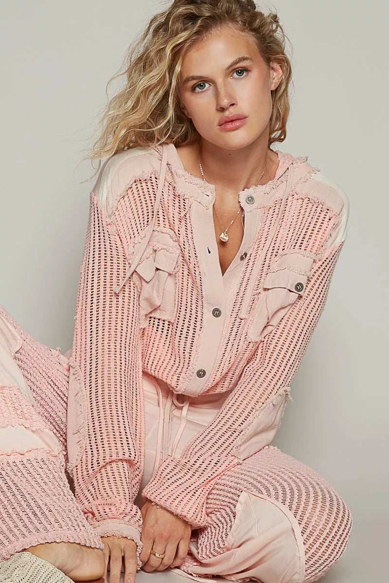 POL Texture Woven Button Down Hooded Shirt with Drawstring Hem - Trendsi - Flyclothing LLC