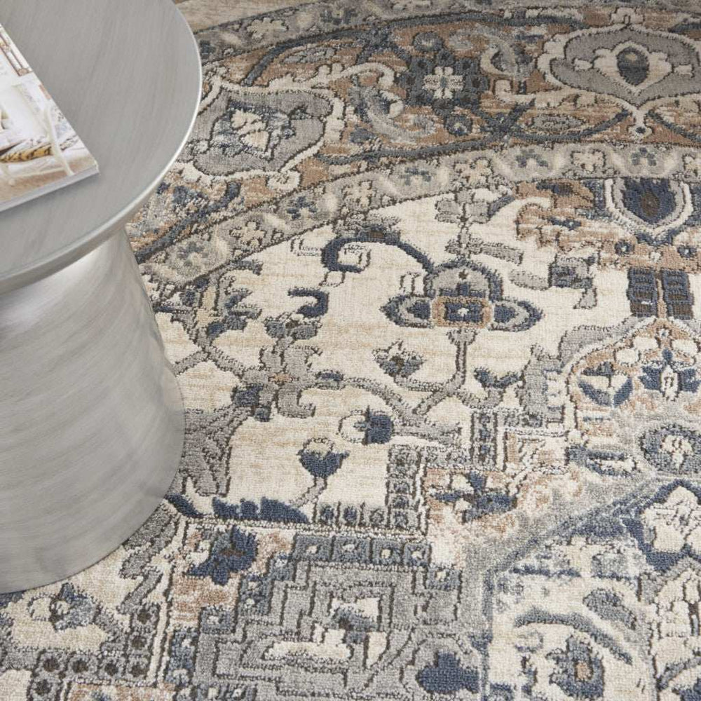 8' Ivory And Grey Round Oriental Power Loom Non Skid Area Rug - Homeroots - Flyclothing LLC