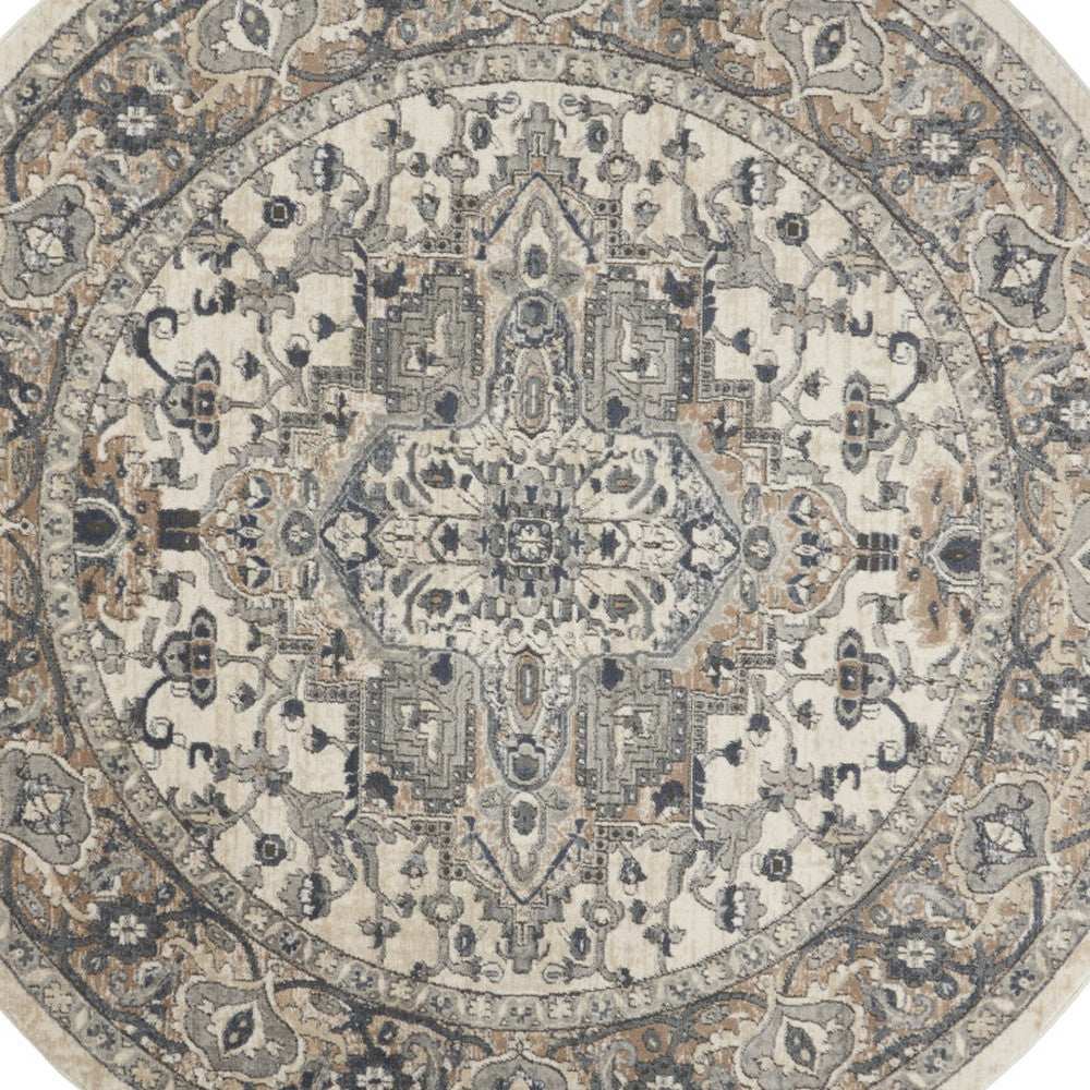8' Ivory And Grey Round Oriental Power Loom Non Skid Area Rug - Homeroots - Flyclothing LLC