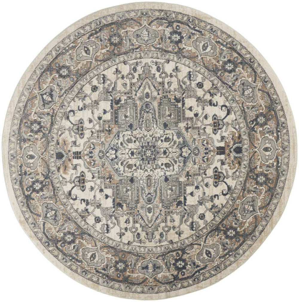 8' Ivory And Grey Round Oriental Power Loom Non Skid Area Rug - Homeroots - Flyclothing LLC